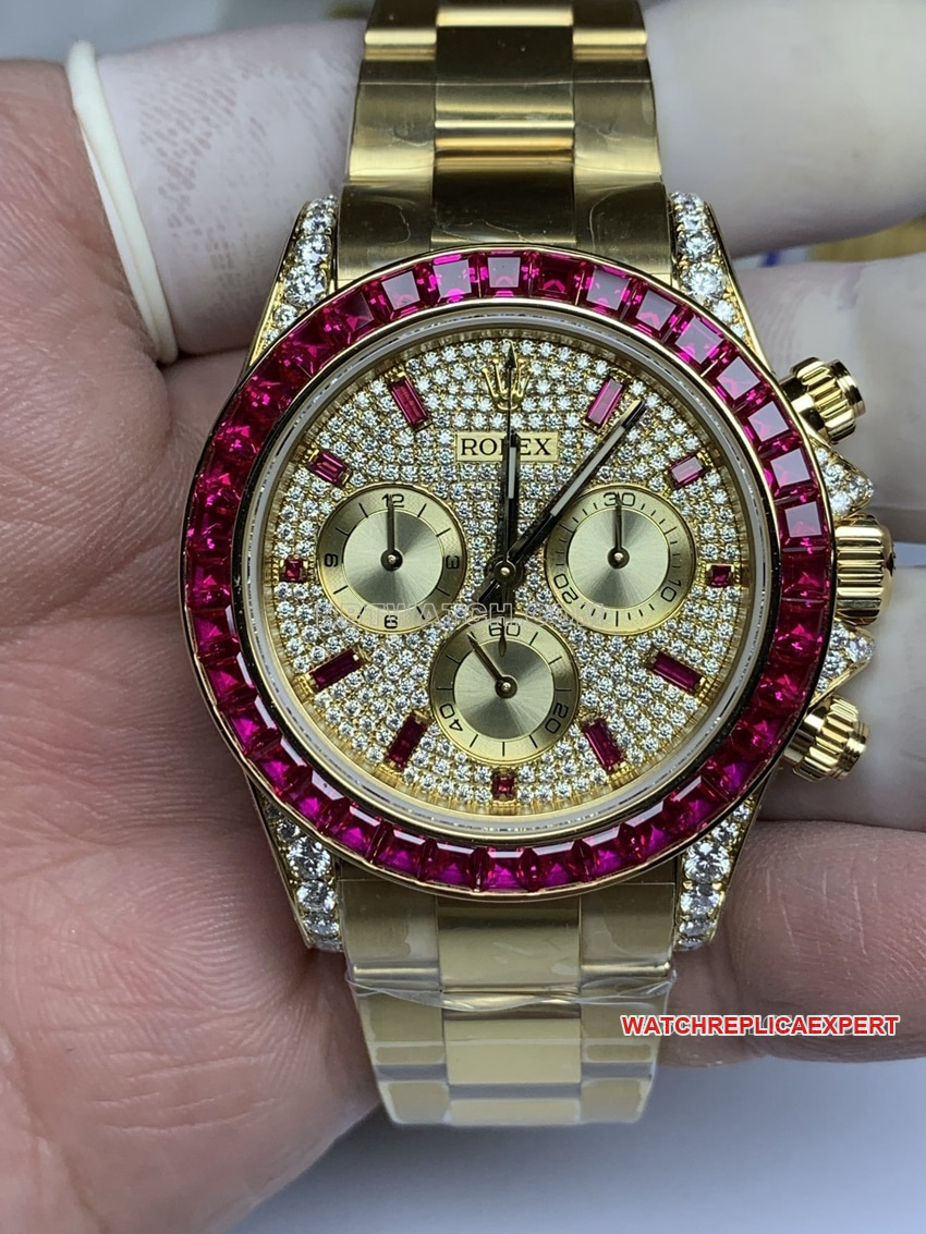 RolexDaytonaréplique haut de gammelunette diamantor jaunebracelet acier photo de face en direct