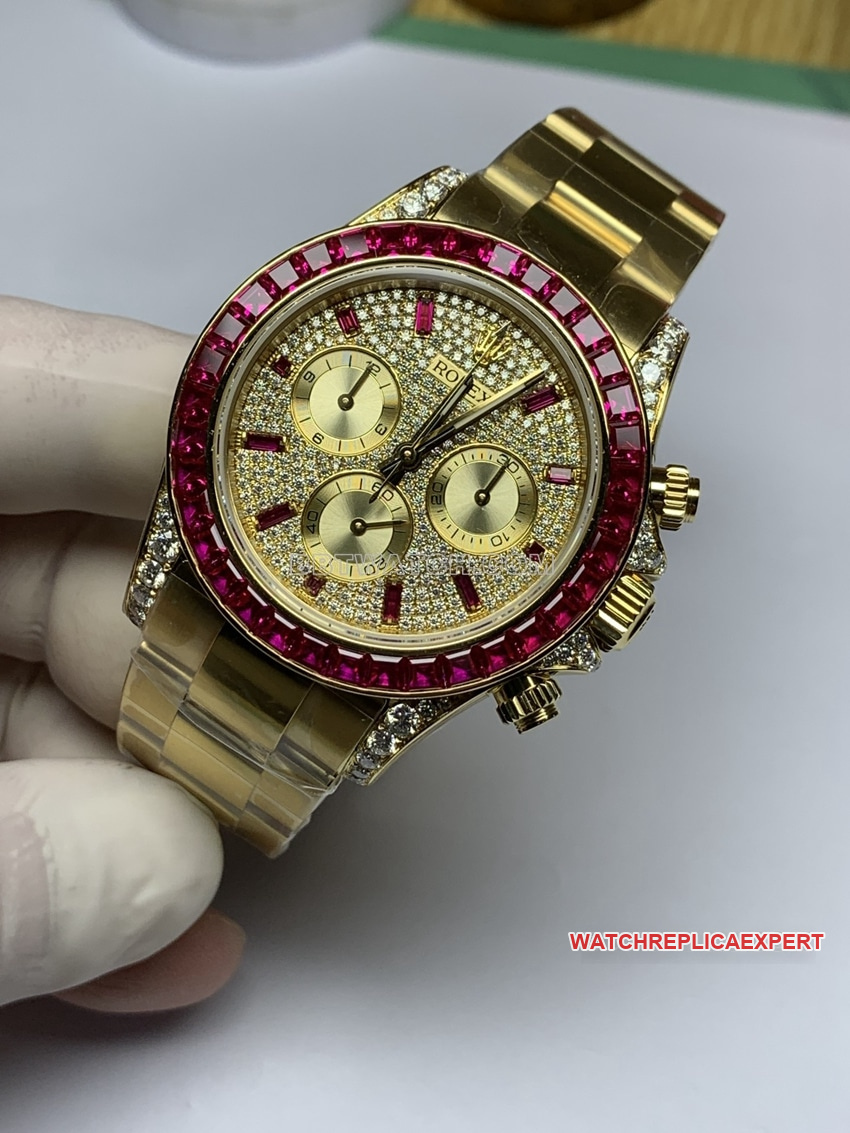 RolexDaytonaréplique haut de gammelunette diamantor jaunebracelet acier photo de face en direct