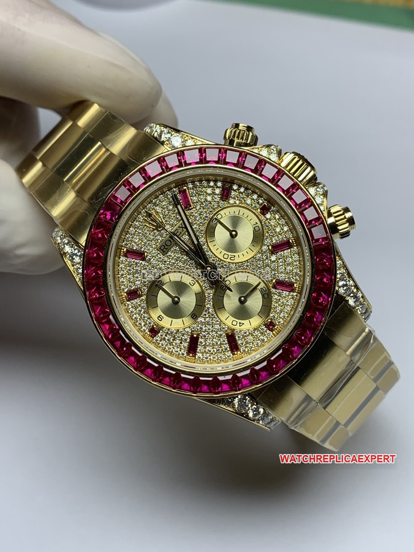 RolexDaytonaréplique haut de gammelunette diamantor jaunebracelet acier photo de face en direct
