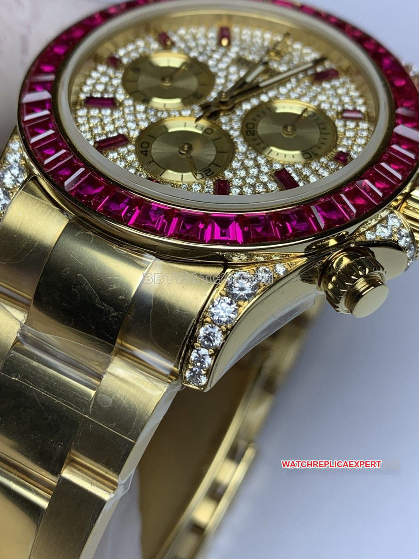 RolexDaytonaréplique haut de gammelunette diamantor jaunebracelet acier photo de face en direct