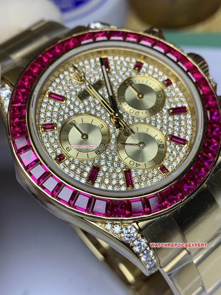 RolexDaytonaréplique haut de gammelunette diamantor jaunebracelet acier photo de face en direct
