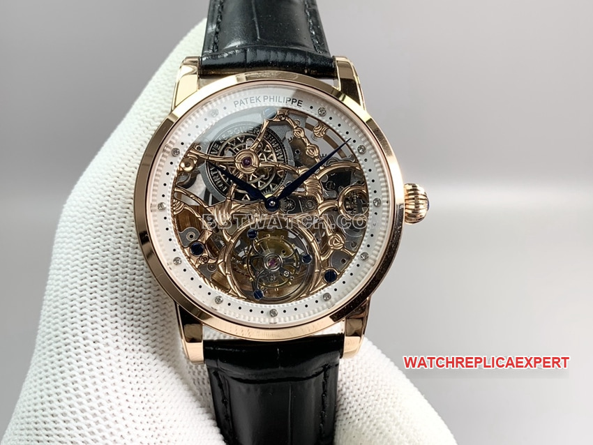 PPLPatek Philippe1:1super clonerose gold hollow plate tourbillonleather strap model front live photo