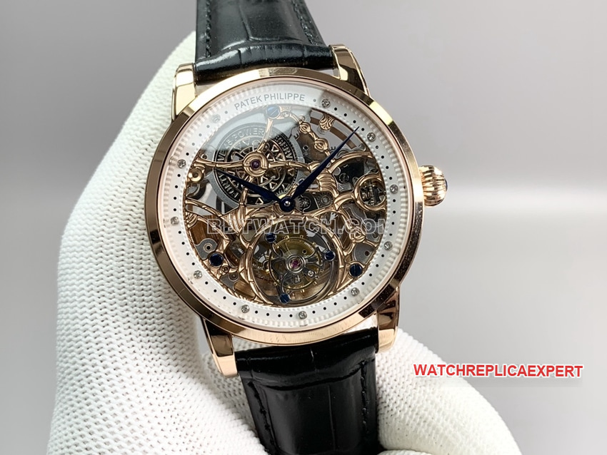 PPLPatek Philippe1:1super clonerose gold hollow plate tourbillonleather strap model front live photo
