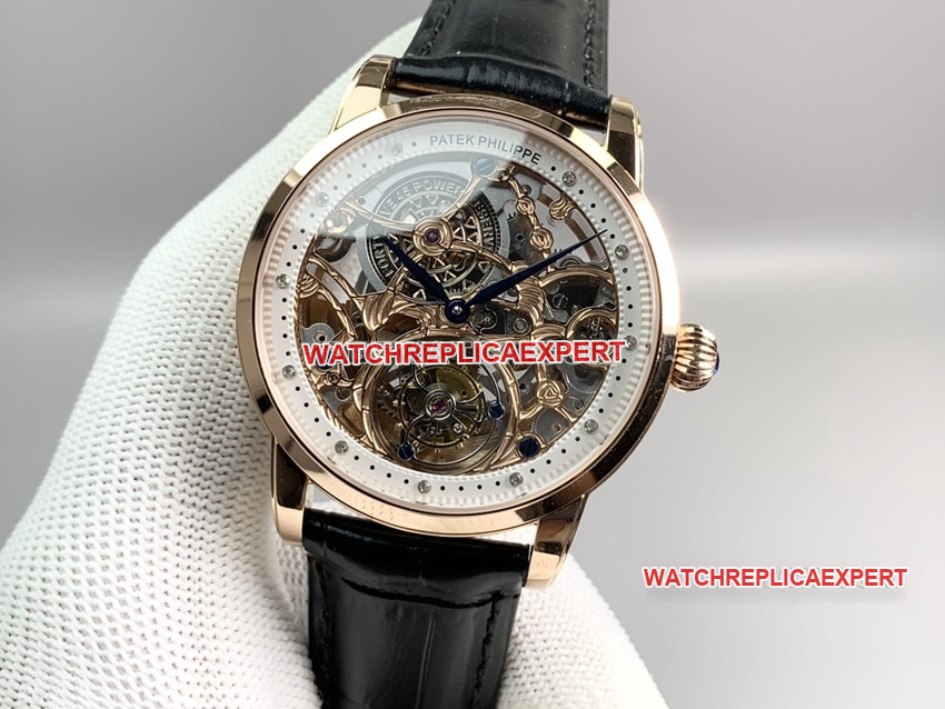 PPLPatek Philippe1:1super clonerose gold hollow plate tourbillonleather strap model front live photo