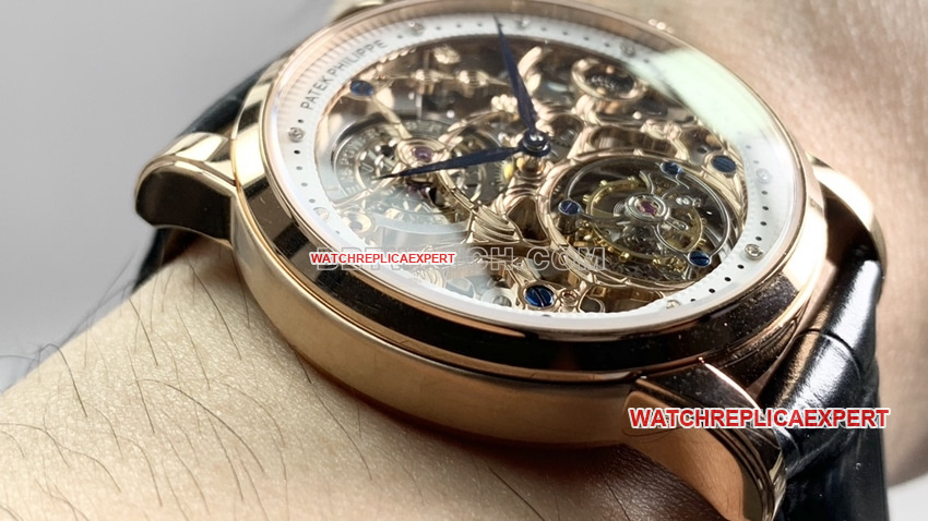 PPLPatek Philippe1:1super clonerose gold hollow plate tourbillonleather strap model front live photo