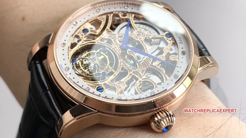 PPLPatek Philippe1:1super clonerose gold hollow plate tourbillonleather strap model front live photo
