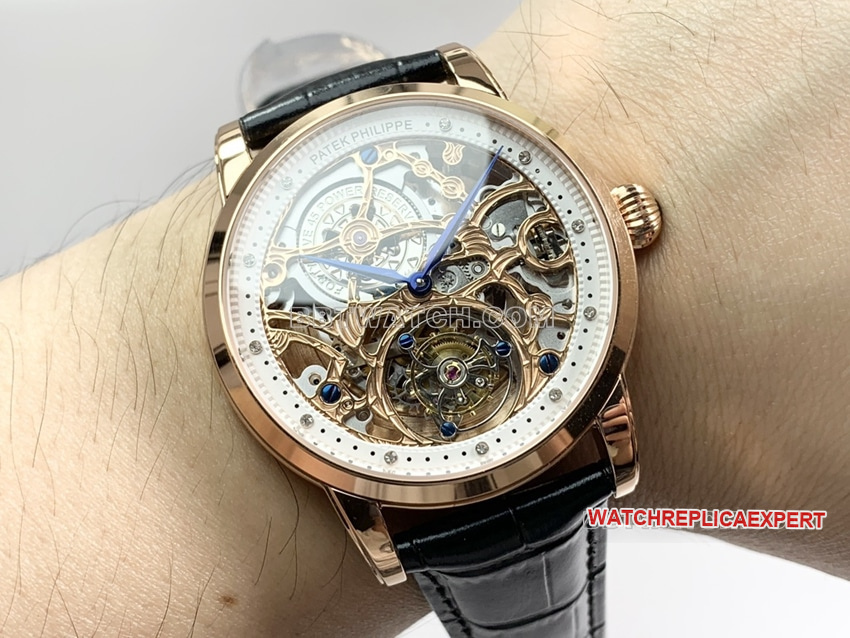 PPLPatek Philippe1:1super clonerose gold hollow plate tourbillonleather strap model front live photo