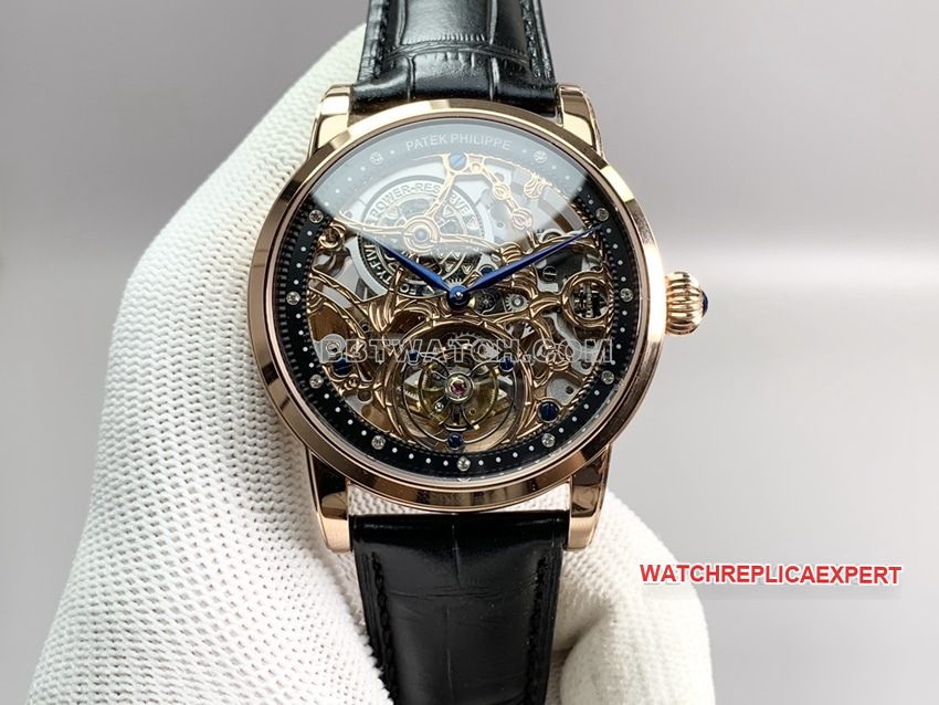 PPLPatek Philippe1:1super clonerose gold black hollow plate tourbillonleather strap model front live photo