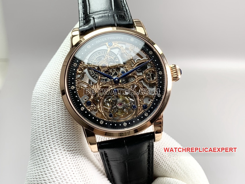 PPLPatek Philippe1:1super clonerose gold black hollow plate tourbillonleather strap model front live photo