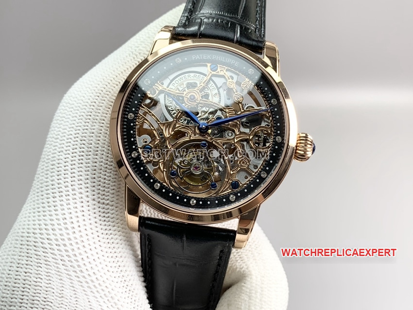 PPLPatek Philippe1:1super clonerose gold black hollow plate tourbillonleather strap model front live photo