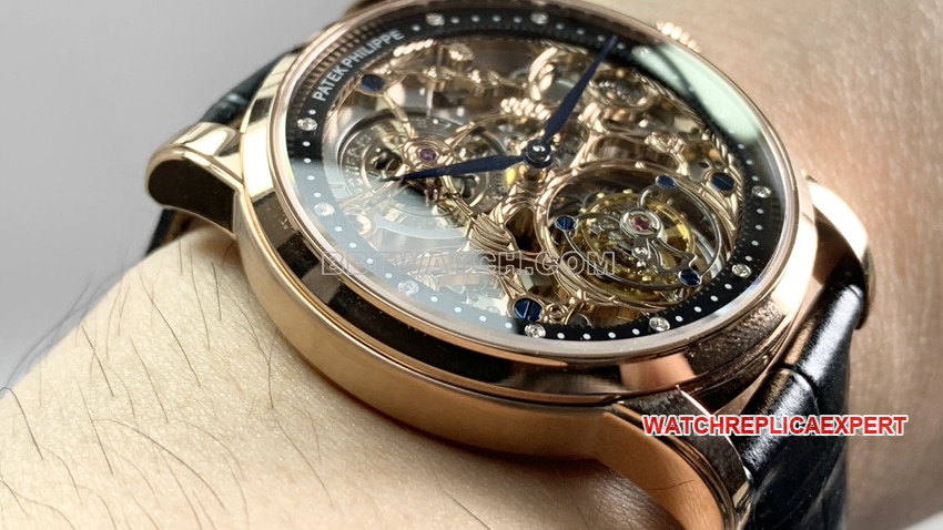 PPLPatek Philippe1:1super clonerose gold black hollow plate tourbillonleather strap model front live photo