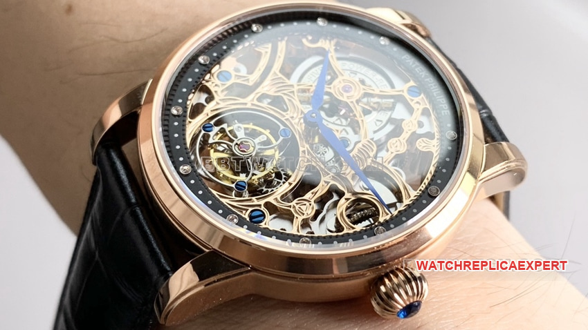 PPLPatek Philippe1:1super clonerose gold black hollow plate tourbillonleather strap model front live photo