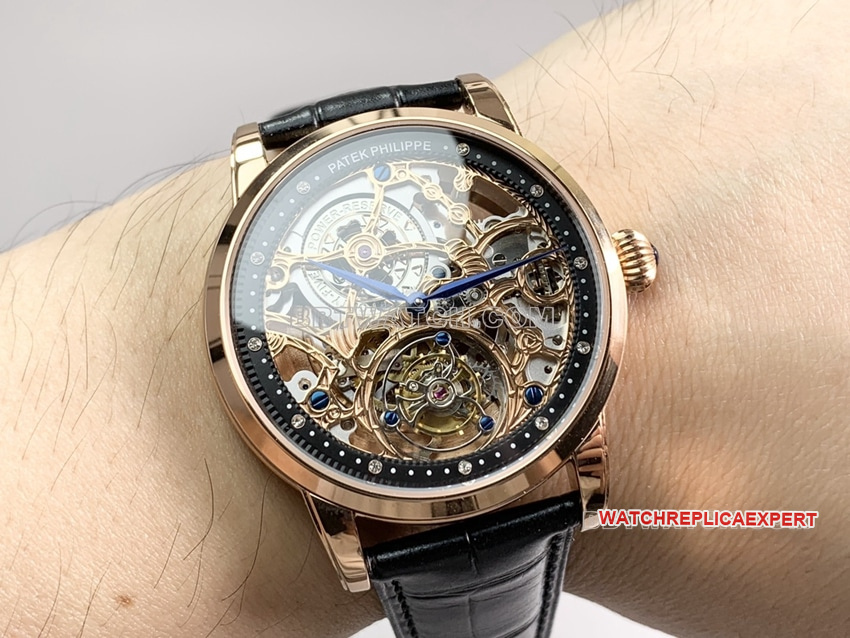 PPLPatek Philippe1:1super clonerose gold black hollow plate tourbillonleather strap model front live photo