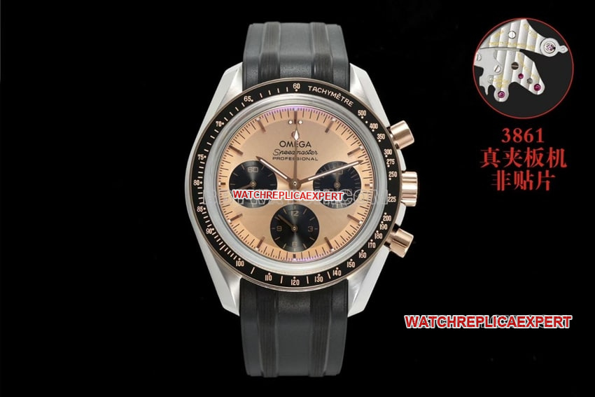 Omega Speedmaster top 1:1 imitation pink gold plate rubber models 310.20.42.50.99.001 front real picture