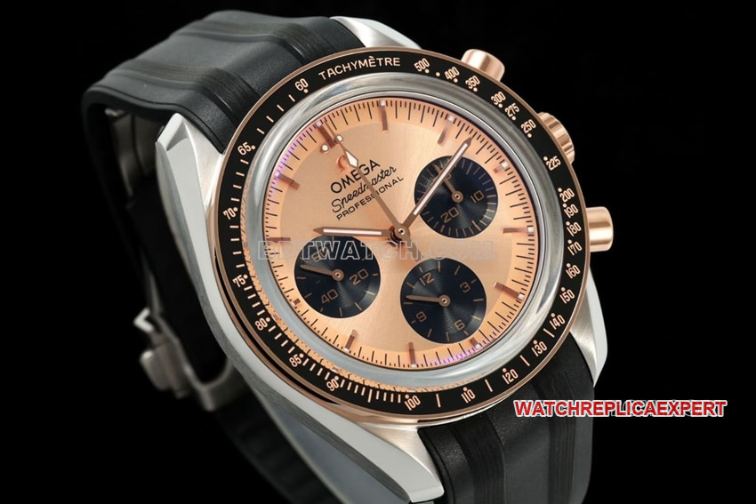 Omega Speedmaster top 1:1 imitation pink gold plate rubber models 310.20.42.50.99.001 front real picture
