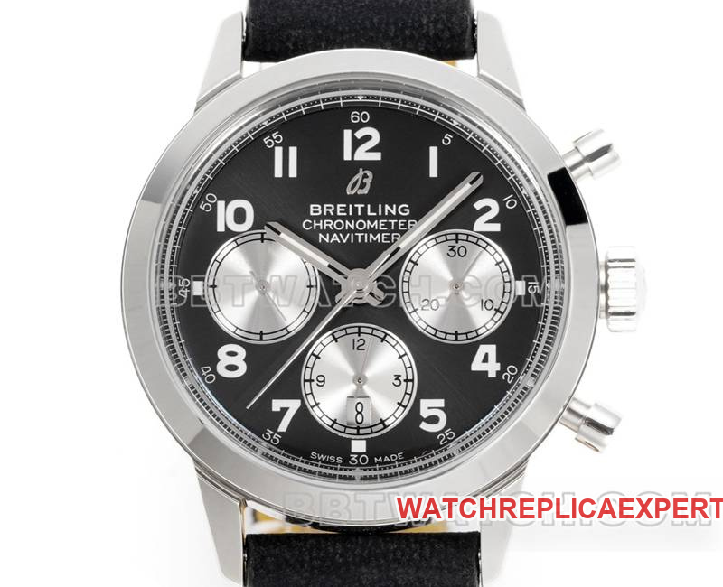 Photo en direct de face de la montre réplique haut de gamme Breitling, manufacture BLS Yueyang, cadran noir41mmchronographe7750mouvementbracelet en cuir
