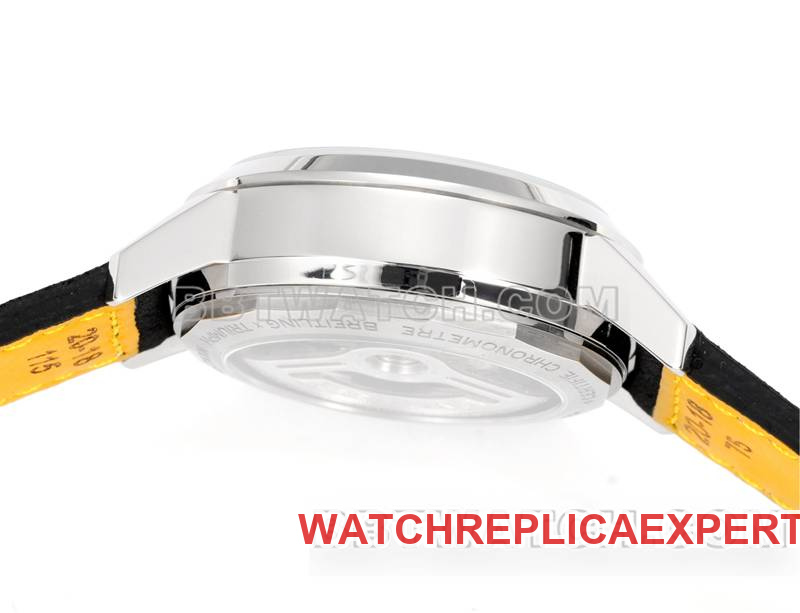 Photo en direct latérale de la montre réplique haut de gamme Breitling, manufacture BLS Yueyang, cadran noir41mmchronographe7750mouvementbracelet en cuir