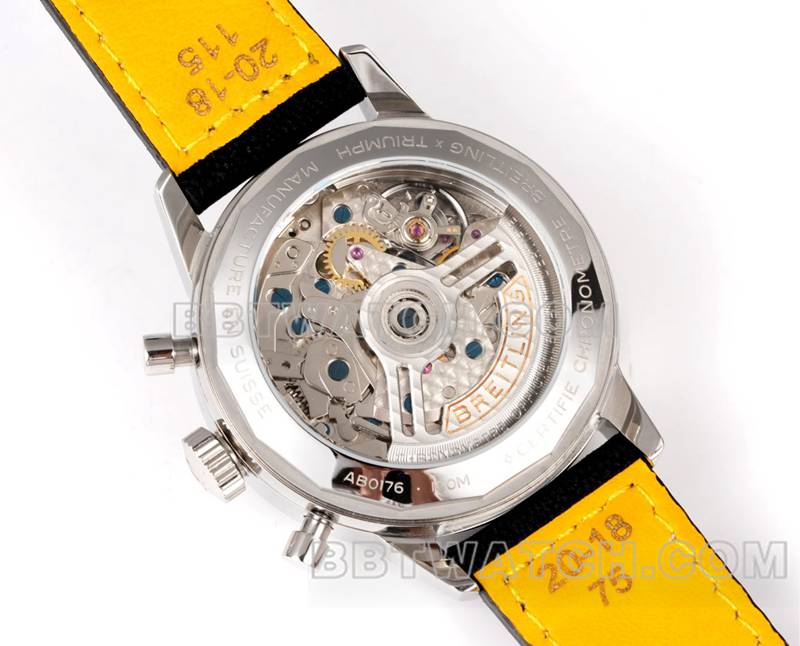 Photo en direct du fond du boîtier de la montre réplique haut de gamme Breitling, manufacture BLS Yueyang, cadran noir41mmchronographe7750mouvementbracelet en cuir