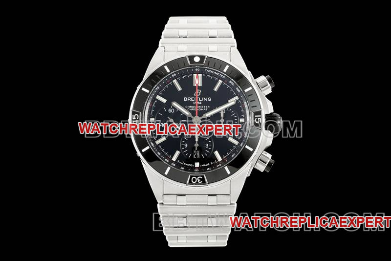 Breitling best replica watch TF factory mechanical chronograph black dial 44mm steel bracelet front live photo