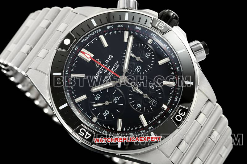 Breitling best replica watch TF factory mechanical chronograph black dial 44mm steel bracelet front live photo