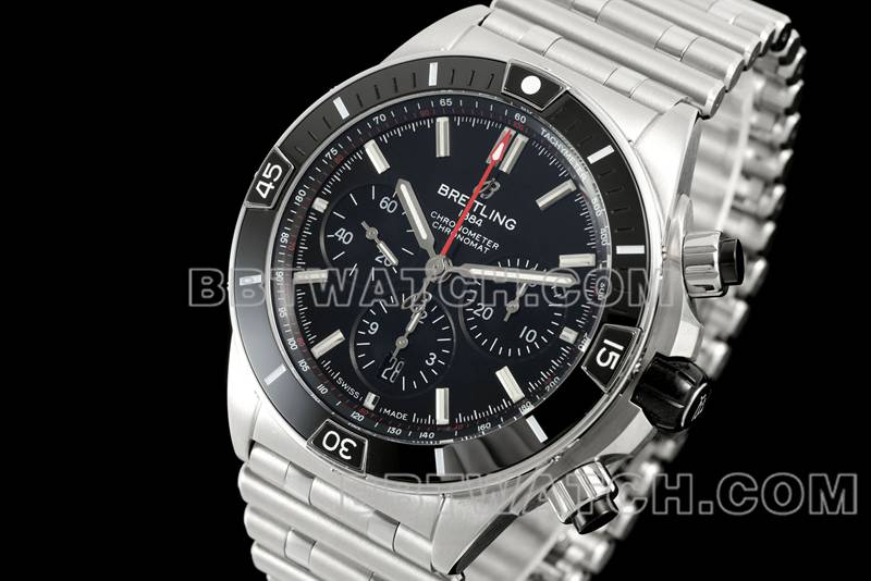 Breitling best replica watch TF factory mechanical chronograph black dial 44mm steel bracelet front live photo