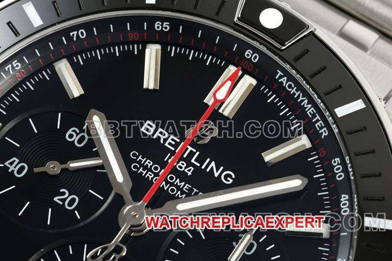 Breitling best replica watch TF factory mechanical chronograph black dial 44mm steel bracelet front live photo
