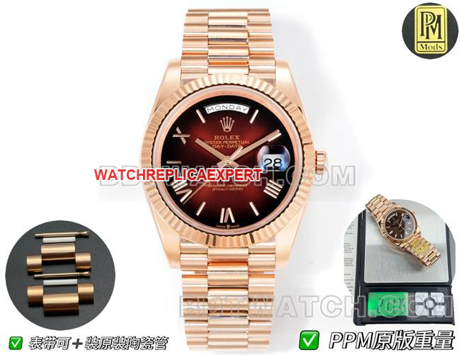 top-tier replica watch Rolexrose goldPPM factory Day-Date mechanical gradient brown dial Roman numerals front live photo