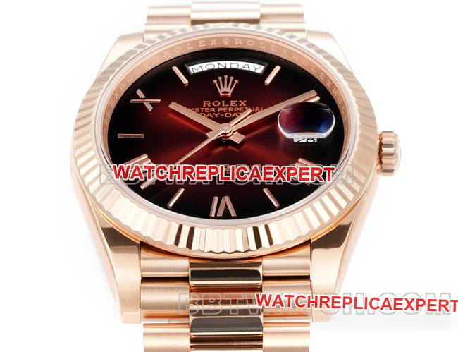 top-tier replica watch Rolexrose goldPPM factory Day-Date mechanical gradient brown dial Roman numerals front live photo