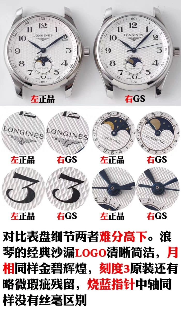 Longines replica watch series L2.909.4.78.3moon phase men's watch genuine and fake comparison evaluation dialdetail shots