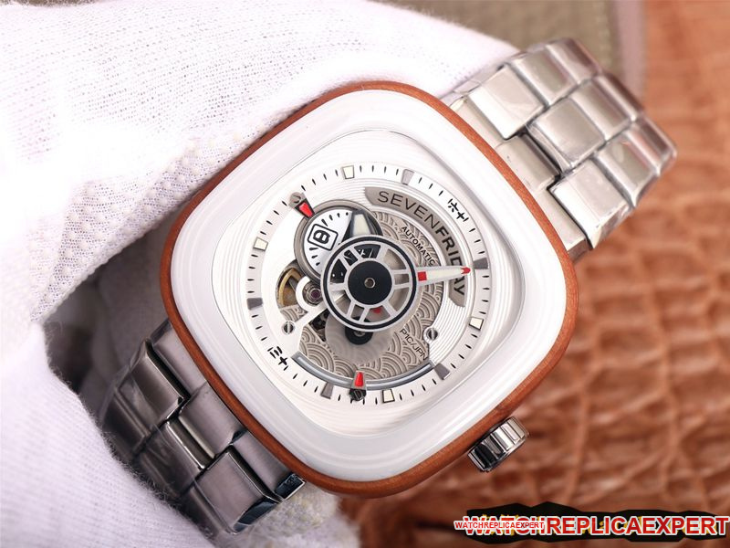 Replica seven day display five watch SEVENFRIDAY/automatic movementmen's watch Swiss steel bracelet large dial white front view