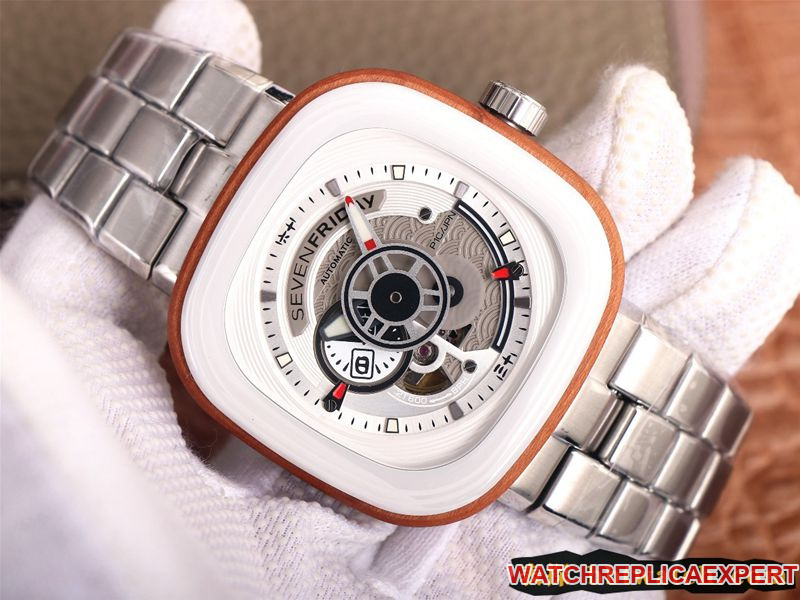 Replica seven day display five watch SEVENFRIDAY/automatic movementmen's watch Swiss steel bracelet large dial white front view