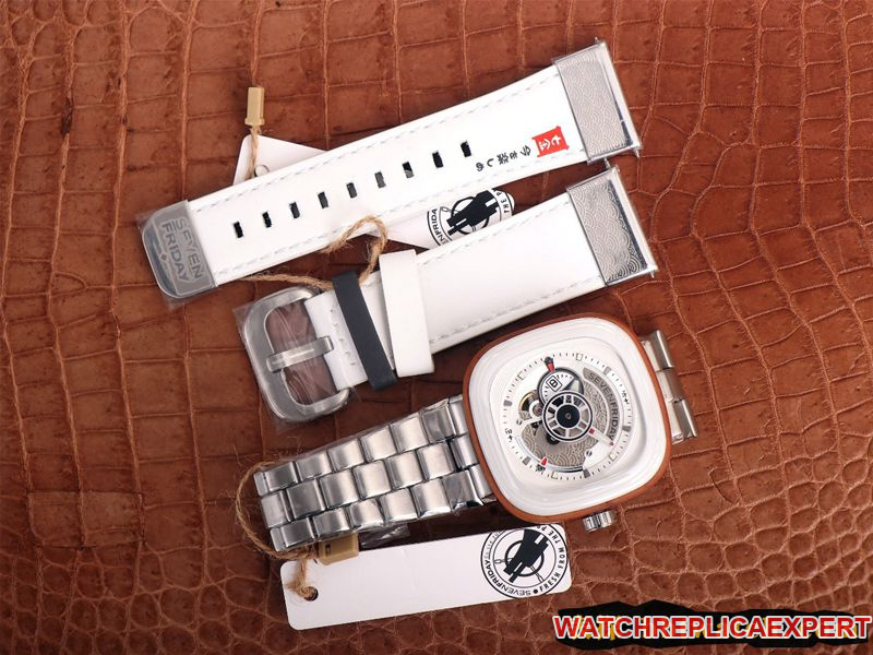 Replica seven day display five watch SEVENFRIDAY/automatic movementmen's watch Swiss steel bracelet large dial white front view
