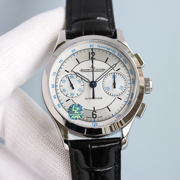top-tier replica watch Jaeger-LeCoultre men's white dial master series fully automatic movementleather strap watch front view