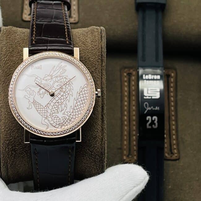 Top-tier replica watch Piaget men's white dial brown belt dragon and phoenix series watch front view
