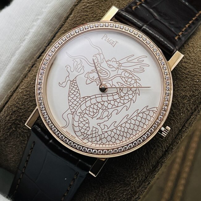 Top-tier replica watch Piaget men's white dial brown belt dragon and phoenix series watch front view
