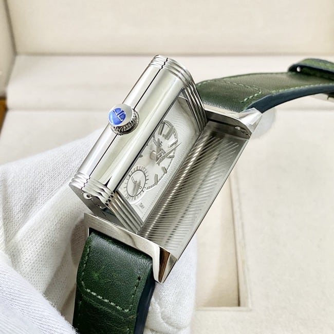 top-tier replica watch Jaeger-LeCoultre men's green dial green strap flip series manual winding leather strap watch side view