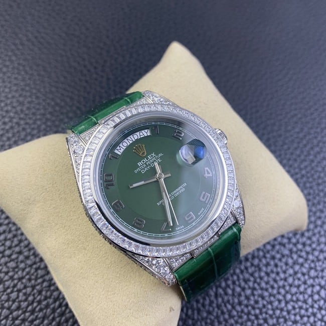 top-tier replica watch Rolex log series men's green dial green strap fully automatic movementleather strap watch front view