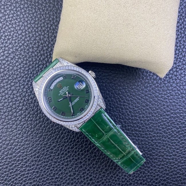top-tier replica watch Rolex log series men's green dial green strap fully automatic movementleather strap watch front view