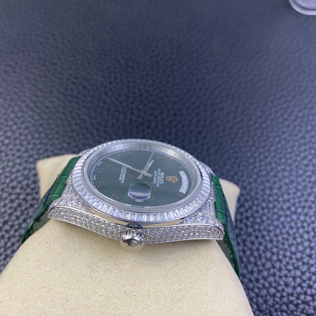 top-tier replica watch Rolex log series men's green dial green strap fully automatic movementleather strap watch front view