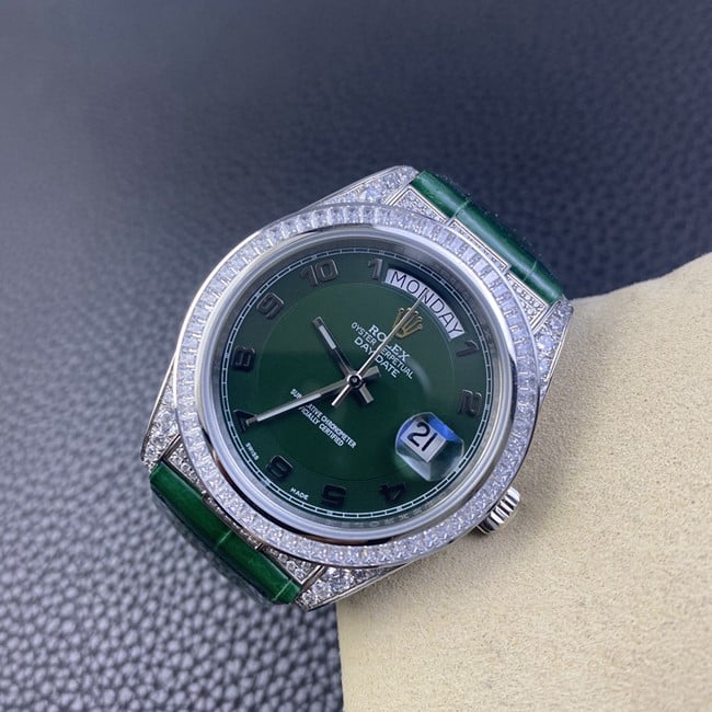 top-tier replica watch Rolex log series men's green dial green strap fully automatic movementleather strap watch front view