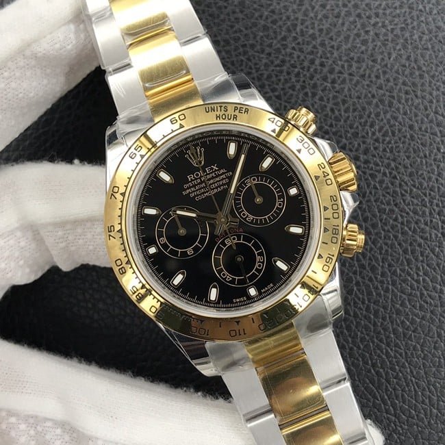 Top-tier replica watch Rolex universe chronograph Daytona men's black dial gold band automatic movement watch front view