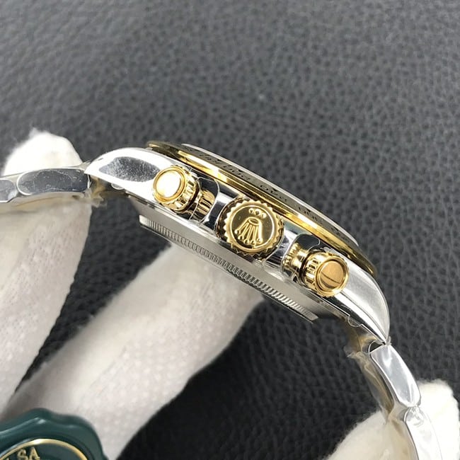 Top-tier replica watch Rolex universe chronograph Daytona men's black dial gold band automatic movement watch side view