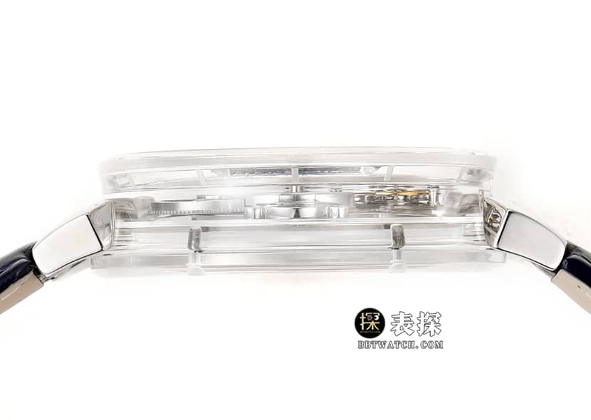 RM men's Louis Vuitton 1:1 replica watch transparent case hollow plate tourbillon dark blue color leather strap model side live photo