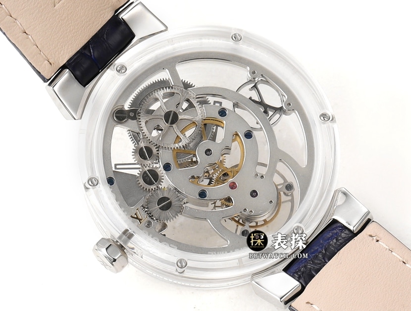 RM men's Louis Vuitton 1:1 replica watch transparent case hollow plate tourbillon dark blue color leather strap caseback live photo