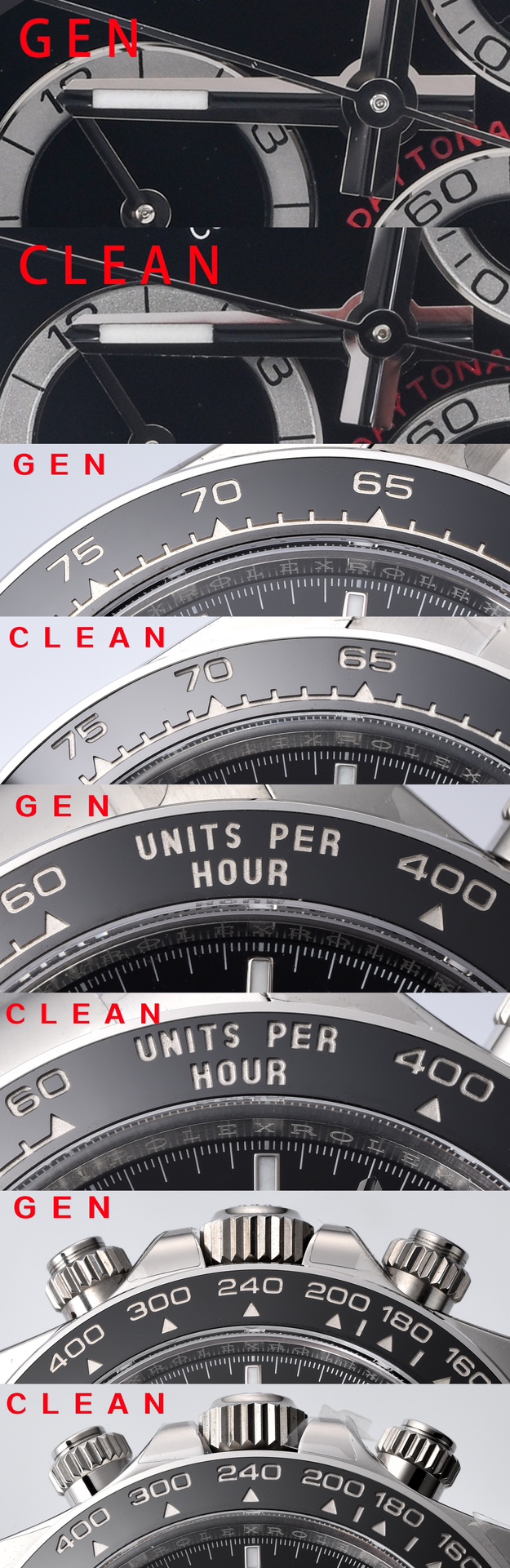 Factory C black Daytona genuine and fake comparison evaluation Rolextop-tier replica table 126500bezel comparison chart