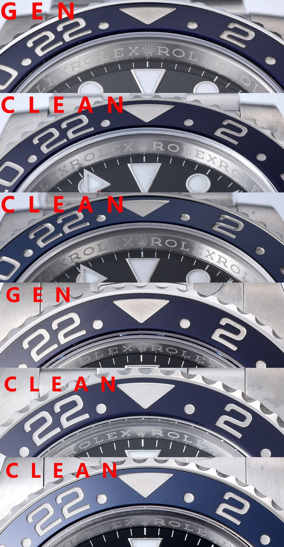 C factory GMT-MasterPepsi bezel genuine and fake comparison evaluation Rolextop-tier replica table bezel comparison chart