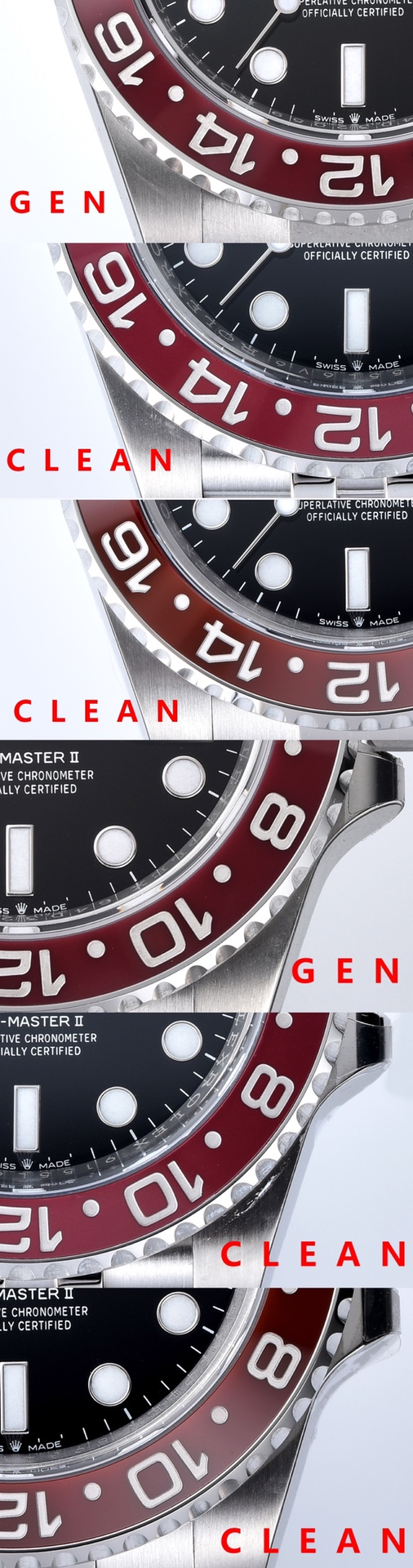 Factory C GMT-MasterPepsi bezel genuine and fake comparison evaluation Rolextop-tier replica watch appearance comparison chart