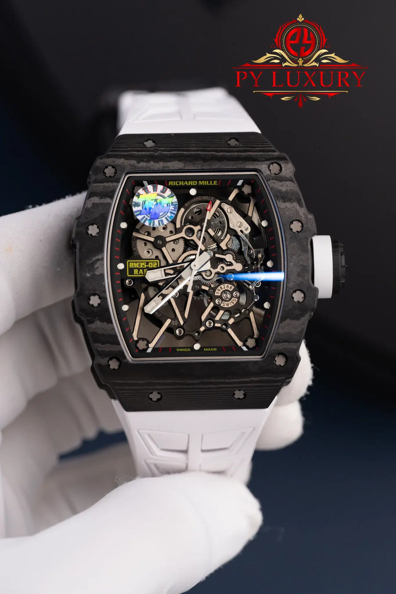 Richard Mille RM35-02 Rafael Nadal Black Carbon TPT White Rubber Band Super Clone V7 ZF 49.94mm x 44.5mm