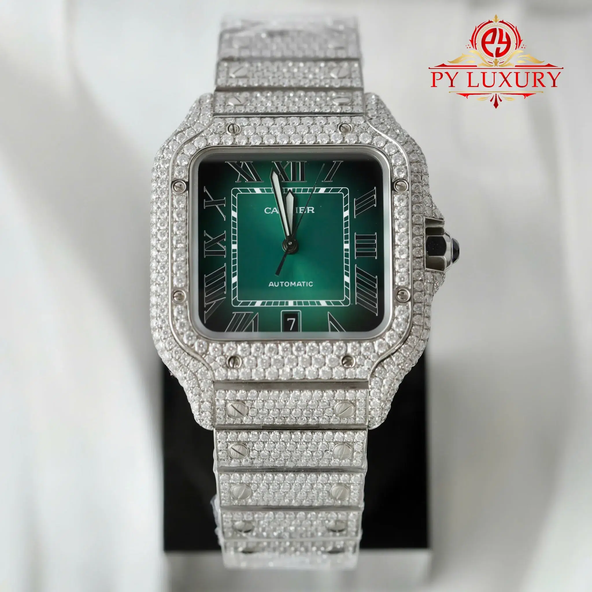 Cartier Santos Large Model Green Roman Dial Iced Out Moissanite Best Replica 39.8mm