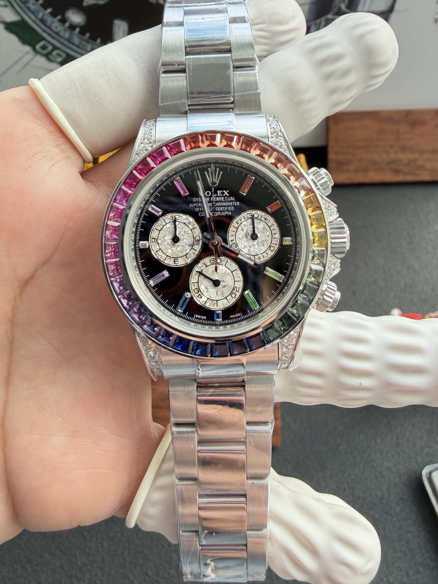 Rolex Daytona 126599RBOW Black Dial Rainbow Bezel Custom Moissanite & Lab-Grown Sapphire Super Clone 40mm